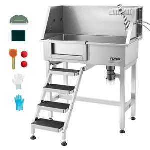 VEVOR 34" Dog Washing Station, Stainless Steel Pet Grooming Tub Bathtub, Professional Dog Wash Sink with Shower, Faucet, Soap Holder, Non-Slip Stairs Easy-Clean Design for Small Pets Cats (Left Door)