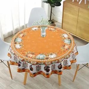 1PC Round Tablecloth, Orange Background with Colorful Pumpkins, Sunflowers, Autumn Leaves & Turkeys (Fall/Thanksgiving Theme), Decorative Table Linen for Dining Table, Home Decor & Seasonal Gatherings