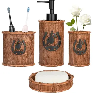 Bathroom Accessory Sets 4PCS Bathroom Accessories Set Complete Western Rustic Horseshoes Decoration Includes Lotion Dispenser Toothbrush Holder Tumbler Cup & Soal Dish