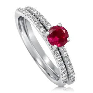 BERRICLE Sterling Silver Solitaire Engagement Promise Rings Stackable Band for Her, 0.45 Carat Red Round Cut Cubic Zirconia CZ Ring Set