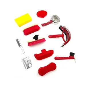 Your beloved horse cleaning kit, red 11-piece set, horse cleaning tools, includes a horseshoe hook, horse brush, grooming comb set, and a dedicated bag, plus a backpack for easy storage. equestrian supply