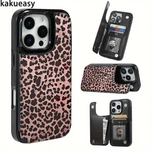 Trendy Pink Leopard iPhone Wallet Case - Stylish Bow Design Card Holder for iPhone 17/16/15 Pro Max 14 Plus/13/12/11 Pro Air