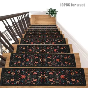Floral Pattern Stair Mat, 10pcs/set Non-slip Stair Carpet, Washable Stair Step Rug, Decorative Carpet for Home Living Room Bedroom Hotel, Home Decor Rugs