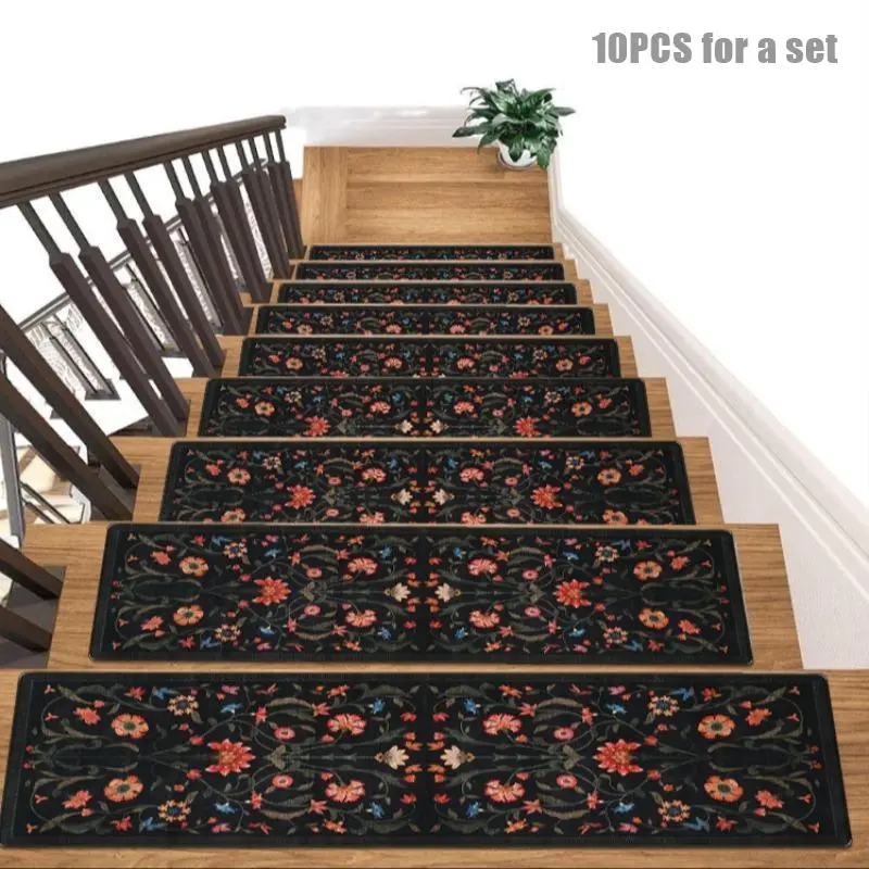 Floral Pattern Stair Mat, 10pcs/set Non-slip Stair Carpet, Washable Stair Step Rug, Decorative Carpet for Home Living Room Bedroom Hotel, Home Decor Rugs, Decorative Mats