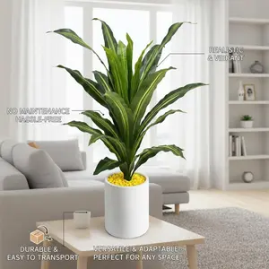 98cm Faux Brazilian Iron Tree – Artificial Dracaena Plant with White Vintage Pot & Yellow Pebbles, No-Maintenance Fake Plant for Indoor/Outdoor Home Office Decor
