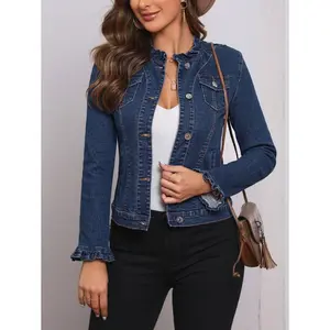 Women's Denim Jacket With Lapel Collar And Button Closure New Romantic Ruffle Button Pocket Stretch Denim Jacket