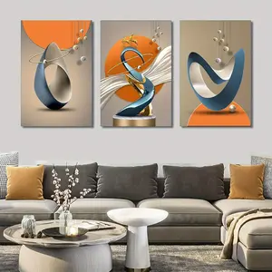 Framed Wrapped Canvas Modern Abstract Canvas Wall Art Luxury Aluminum Cable Painting Pictures Wall Decor White Blue Orange Gray Poster Suitable for Living Room Bedroom Office Home Decor Hanging Print