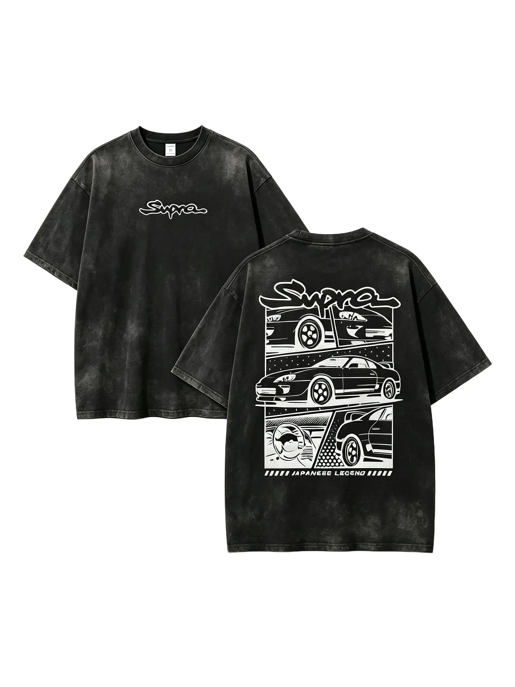[BT] Men's Oversized Heavyweight Shortsleeve Round Neck Black Supra MK4 JDM Manga Graphic T-Shirt - Japanese Tuner Car Streetwear Top, Comic Art Back Panel, Supra Script Chest Print, Casual Grunge Racing Vintage Wash Loose Fit All-Season Tee