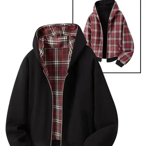 Unisex cotton blend double sided zip up hooded sweatshirt jacket — can be worn front or back; solid black + red plaid loose fit hoodie with kangaroo pocket. Suitable for everyday wear, work commutes, and street style.