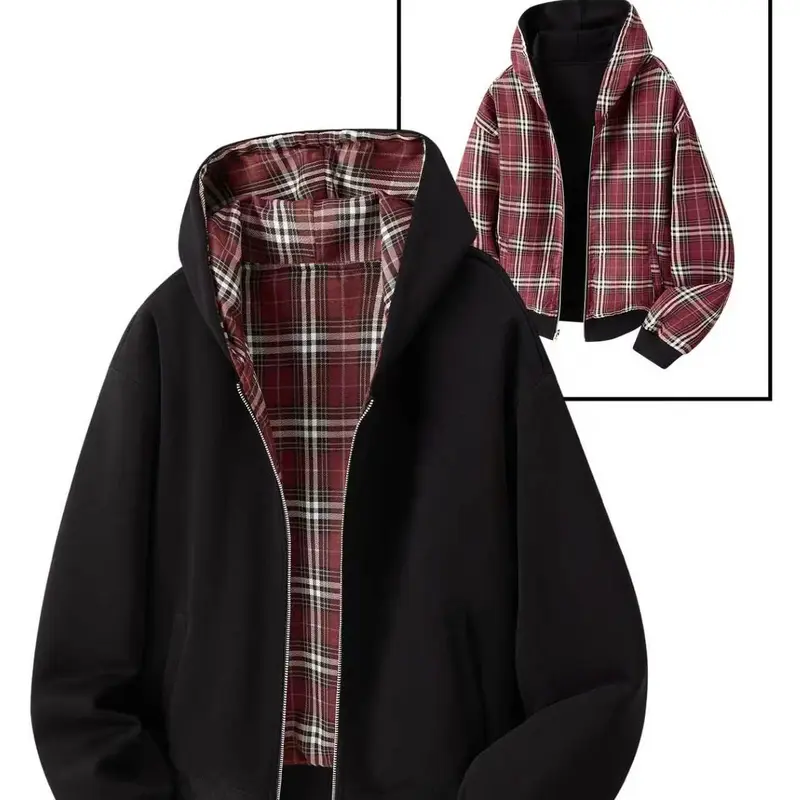 Unisex cotton blend double sided zip up hooded sweatshirt jacket — can be worn front or back; solid black + red plaid loose fit hoodie with kangaroo pocket. Suitable for everyday wear, work commutes, and street style.