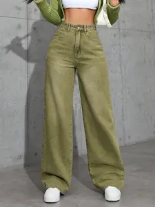Olive High Waist Wide Leg Jeans, Womenswear Casual Streetwear Style, Trendy Slimming Loose Fit, All Seasons, Perfect for Commuting, Dates, Parties