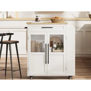 Farmhouse Style Entryway Storage Cabinet – Sturdy Wood Top Kitchen Island Cart with Glass Door Cabinet, Drawer, Spice & Towel Racks, 3-Tier Shelves, Lockable Wheels – Ideal for Dining Room or Hallway
