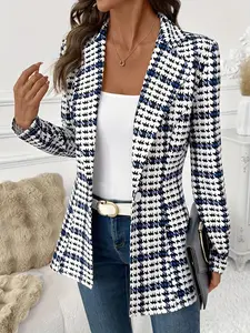 Elegant Women'S Plaid Blazer, Versatile Long-Sleeve Suit Jacket for Daily Wear, Classic Checkered Commuting Jacket, Autumn Women'S Suit Coat, Women'S Suit Jacket, Plaid Suit Coat, Houndstooth Suit Jacket, Office Suit Jacket