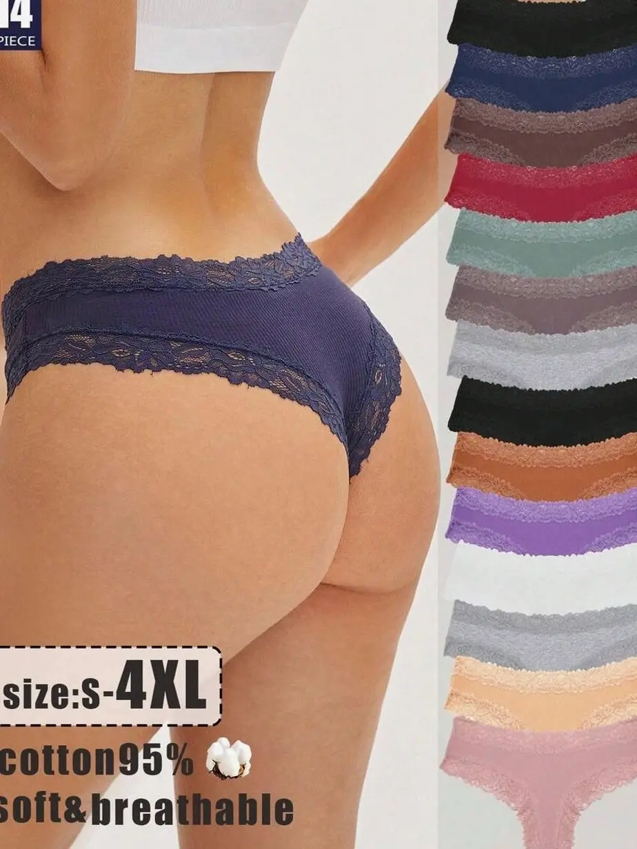 Womens Cotton Underwear Sexy Lace Hipster Panties Soft Breathable Cotton Brazilian Bikini Ladies 14 Pack