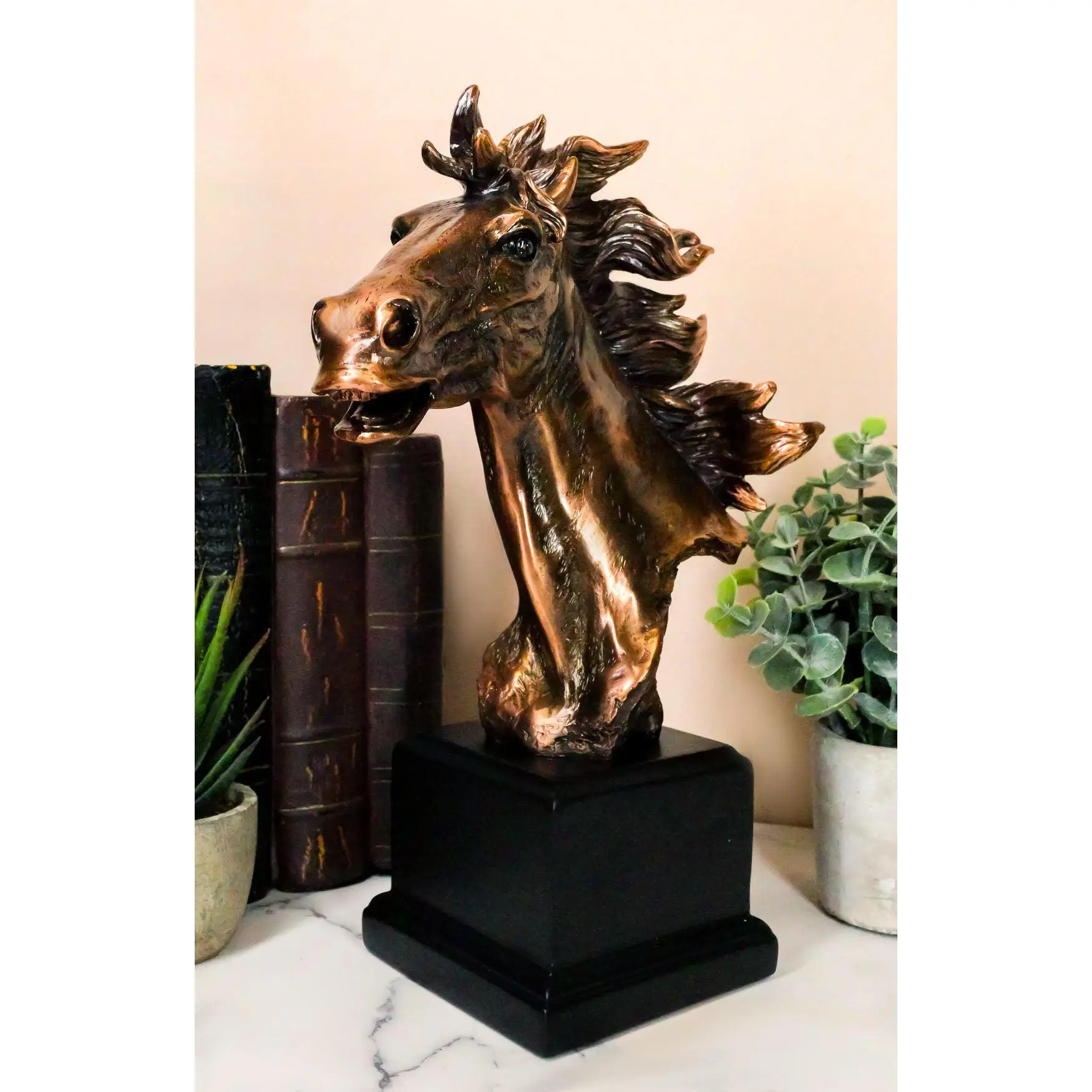 Western Wildlife Bronze Running Horse Stallion Head Bust Sculpture, 8" Long Rustic Trophy Base Home Decor Statue