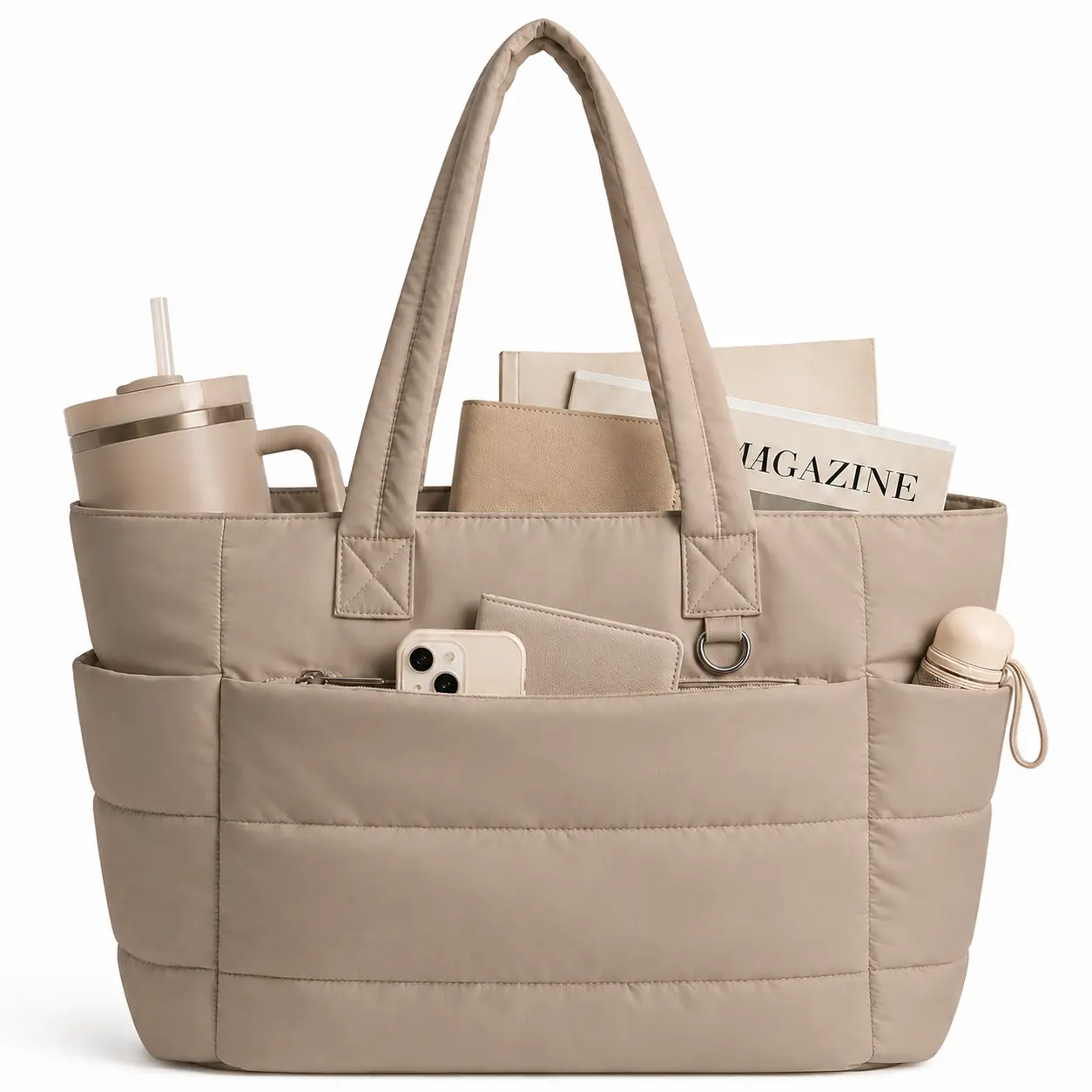 Five Seasons Home Puffy Tote Bag for Women, 20L Quilted Work Tote with 15.6" Laptop Sleeve, 40oz Cup Holder and Multiple Compartments, Lightweight Nylon Shoulder Bag for Work, Teacher, Travel and College