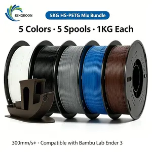 KINGROON HS-PETG filament, 1.75 mm diameter, 5 kg pack (includes 3 rolls, each 1 kg); KINGROON HS-PETG filament, 1.75 mm, 5 kg bundle — 300 mm/s+ high speed, 3 rolls (1 kg each), 3D filament black/white/gray, compatible with Bambu Lab, Ender 3, and Creali