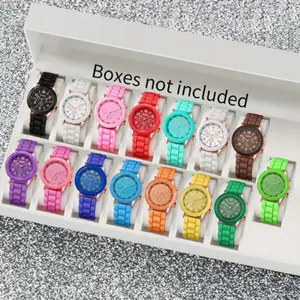 ladies quartz watch set, Chronograph quartz watch, 15pcs/set, without box, round alloy case, silicone strap, multiple colors available, non-rechargeable button battery, for daily wear and holiday gifts