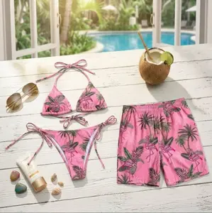 Summer 2026 Couple Beach Set, Pink Flamingo Palm Tree Bikini and Matching Hawaiian Shorts