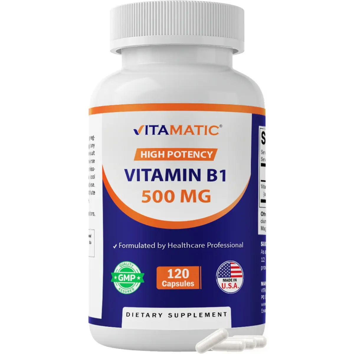 Vitamatic Thiamine Mononitrate (Vitamin B1) 500 mg Dietary Supplement Capsules, 120 Count - Magnesium-Free, Supports Energy Levels, Fitness, Brain Health