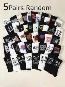 5 Pairs Teen Boys Socks, Socks Set, Abstract Painting Graffiti Pattern, Fashion Casual Long Socks, Unisex Mid-Calf, Street Style, Sports Basketball Socks