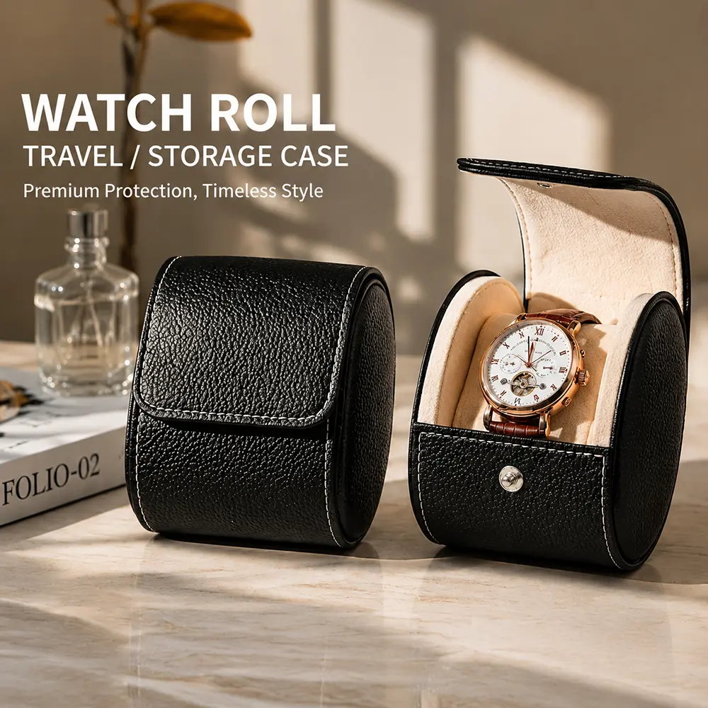Oirlv Minimalist Single-Unit Watch Roll Travel Case - Portable PU Leather Scratch-Proof Home Organizer, Soft Velvet Interior, Removable Pillow, Display Holder, Ideal Black Gift for Men