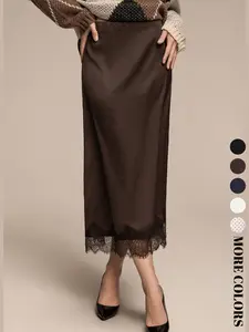 Women's Spring Summer Elegant Lace Patchwork Satin Midi Skirt, High Waist Elastic Waist A-Line Dressy Casual Daily Wear