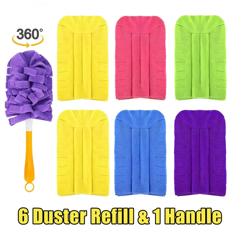 Reusable Soft Microfiber Duster Set with Handle - 6 Washable Fiber Fabric Refills, Colorful, Swiffer 360-Degree Compatible, 6-Piece Cleaning Supply for Blinds, Fans, Window, Desk