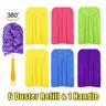 Reusable Soft Microfiber Duster Set with Handle - 6 Washable Fiber Fabric Refills, Colorful, Swiffer 360-Degree Compatible, 6-Piece Cleaning Supply for Blinds, Fans, Window, Desk