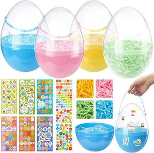 4 Pcs 10" Easter Eggs, Large Fillable Eggs with Handles, & Pastel Empty Giant Egg with Stickers and Raffia for Easter Hunt, Basket Stuffers, Party Favors, Gifts