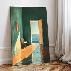 One Piece of  Edward Hopper Exhibition Poster Featuring a 2D Flat Design with a Frame, Showcasing 'Rooms by The Sea'. This Wall Art Decor Embodies Realism, Architecture, And Scenery, Making It a Great Gift Idea with a Minimalist Touch