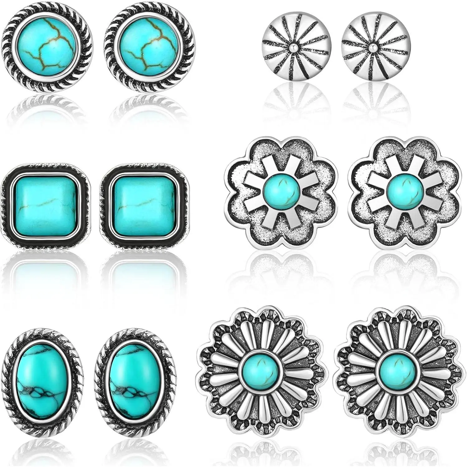 6-Pair Turquoise Stud Earrings Set for Women, Boho Western Geometric & Flower Alloy Jewelry, Vintage Earring Stack for Wedding, Birthday, Decorations, Alternative Style, Geometric Shapes, Daily Wear, Alloy Base, Flowers, Ear Stacking, Stacked, Women's Clo