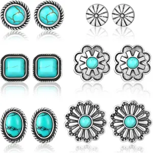 6 Pair Western Earrings Boho Turquoise Stud Earring Small Geometric Oval Flower Earring Vintage Ethnic Alloy Studs Gift