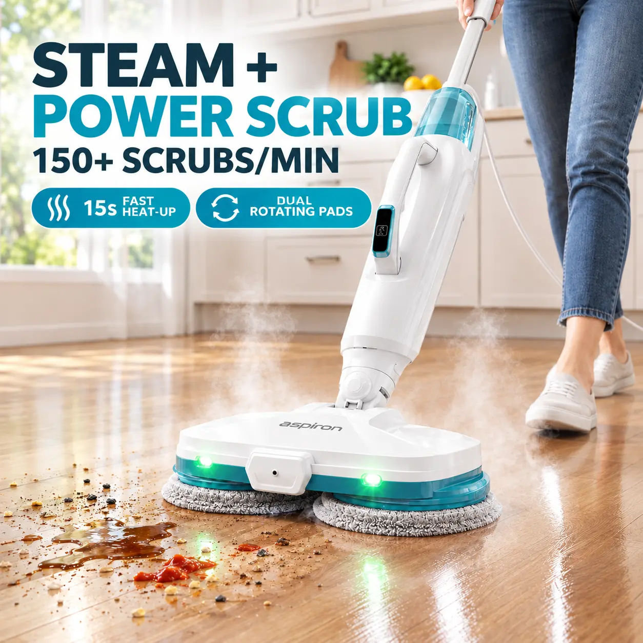 Aspiron 10-in-1 Steam Mop with Self-Rotating Scrub Pads, 15s Fast Heat-Up, Handheld Steamer, 2 Steam Modes, 500ML Tank & LED Light for Hardwood, Tile & Carpet