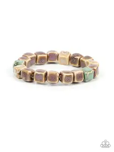 Glaze Craze - Rustic Ceramic Cube Beads with Distressed Glazed Finishes Threaded on Stretchy Bracelet