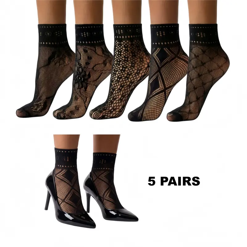 Women's 5 Pack Patterned Lace Anklet Socks - Elegant Lace Design with Ruffled Trim Detail for Comfort & Style Womenswear Everyday Feminine