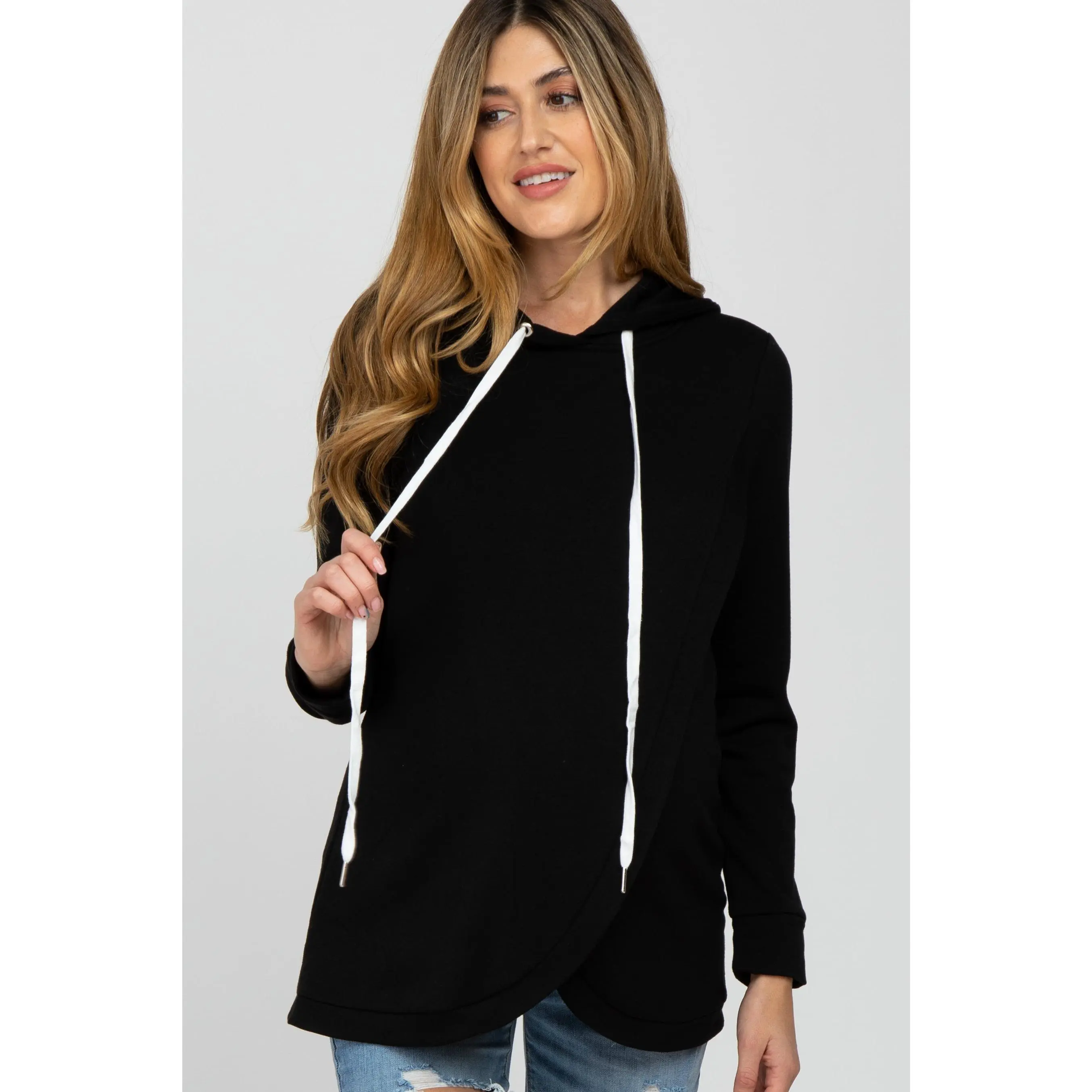 Black Layered Front Maternity/Nursing Fleece Hoodie