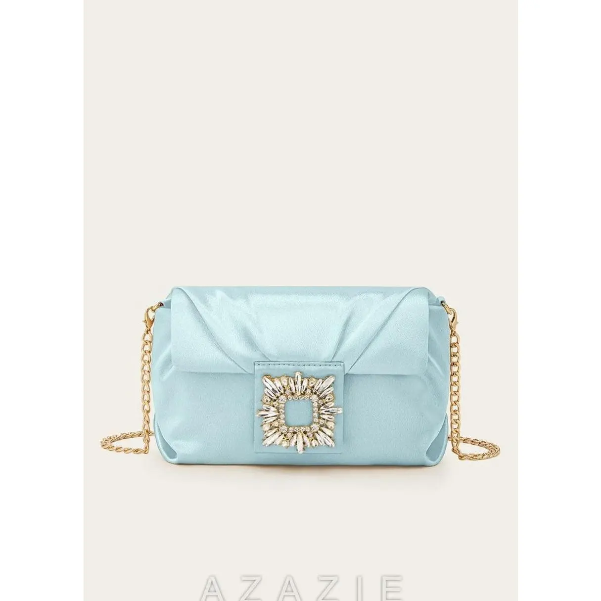 Women's Pleated Satin Evening Clutch with Rhinestone Buckle, Anti-Theft Zip Closure Crossbody Bucket Bag for Weddings