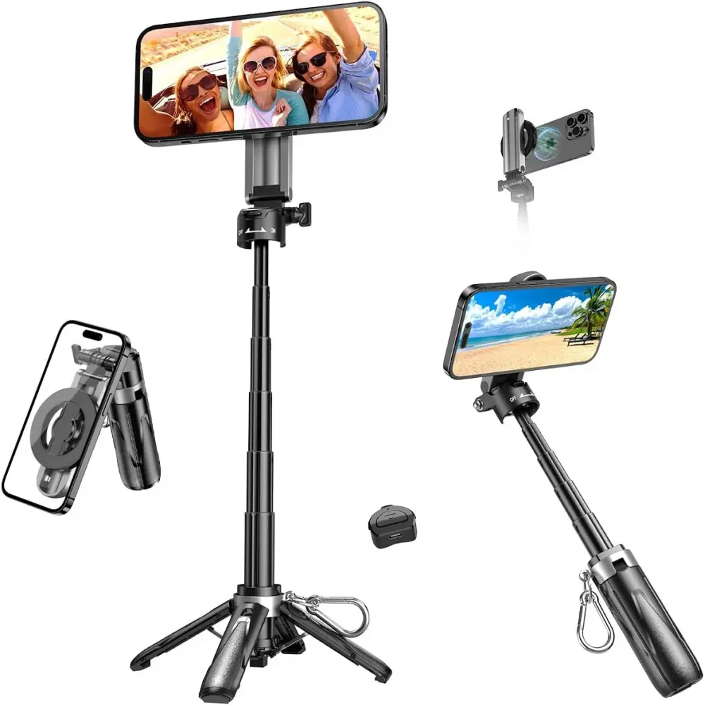 Creativity Magnetic Small Selfie Stick for iPhone,4 in 1 Multifunctional Portable Selfie Sticks Retractable Cell Phone Travel Tripod with Remote Control, Mini Phone Tripod for iPhone 17/16/15/14/13/12 Series