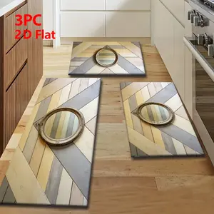 2/3pcs Soft Flannel Kitchen Mat Set, Herringbone Wood Design, Vintage Mirror Pattern, Non-Slip Bottom, Absorbent, Home Decor
