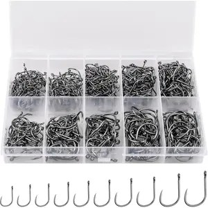 500PCS/100PCS Premium Fishing Hooks, 10 Sizes/4 Sizes Carbon Steel Fishing Hooks W/Portable Plastic Box, Strong Sharp Fish Hook with Barbs for Freshwater/Seawater