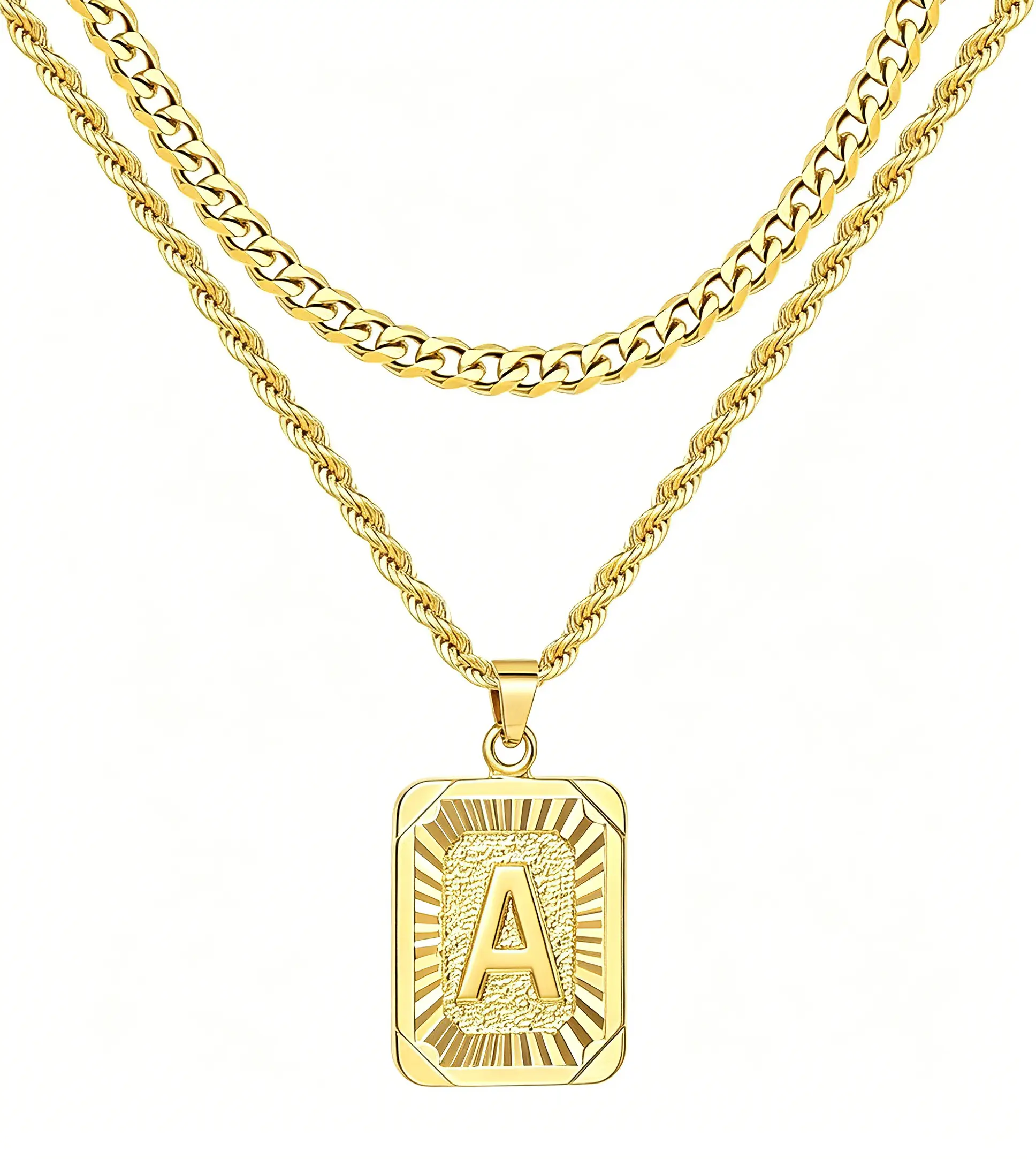 2 Pcs Initial Letter Pendant Layered Necklace for Men Women, A-Z Square Letter Tag Necklace, Cuban Link & Rope Chain Personalized Alphabet Jewelry Gift
