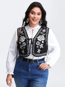 BLOOMCHIC Plus Size Lady's Pure Cotton Textured Embroidered Tie Neckline Vest - Regular Fit, Medium Length, Rock Gothic Clothes, Knot Detail for Easter Wear 2026 Summer Vibes Swimweek