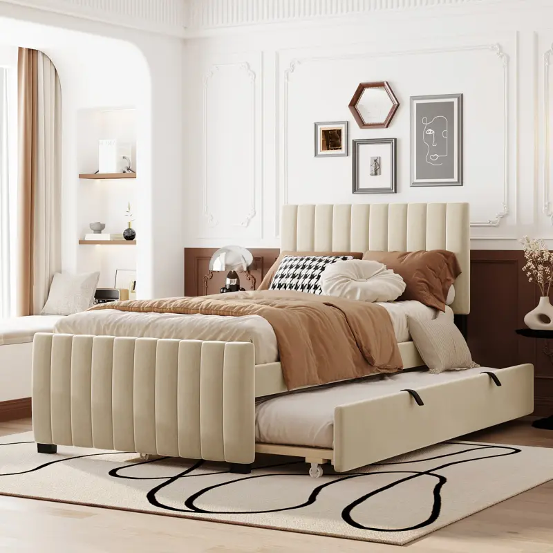 Twin Size Upholstered Bed with Twin Size Trundle, Velvet Platform Bed Wooden Frame with Headboard and Slats, No Box Spring Needed