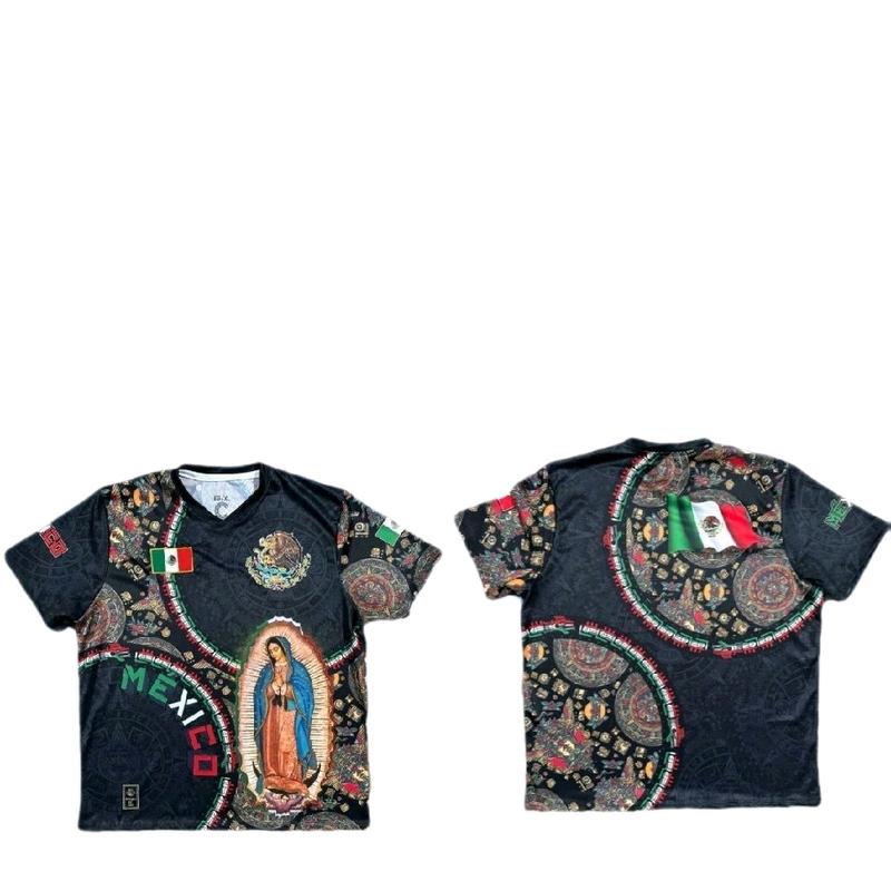Virgen de Guadalupe Mexico Jersey Pink and Black Color with Green White and Red Trim and Mexican Flag Design