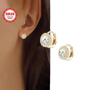 1 Pair Elegant Luxury 925 Sterling Silver Geometric Round Zirconia Hoop Earrings, Synthetic Cubic Zirconia Women Jewelry for Daily Wear and Valentine's Day Gift