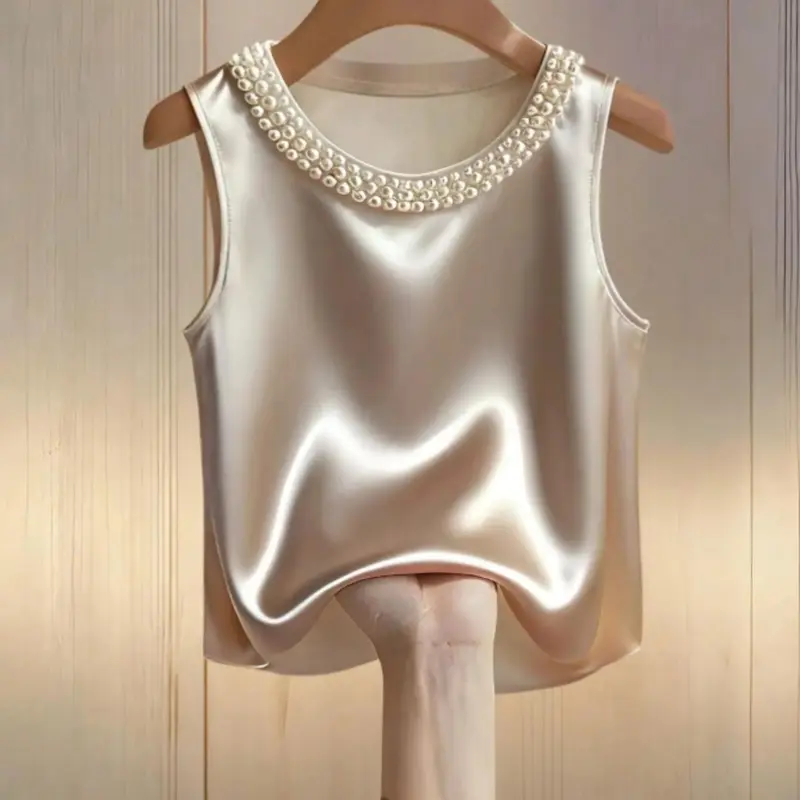 Women's Plain Pearl Round Neck Simple Fashion Minimalist Vest Top, Casual Fitted Sleeveless Collared Blouse, Stylish Daily Wear Clothing, Elegant Sleeveless Cami, Camisole Tops, Casual Everyday Wear, Casual Chic Sleeveless, Womenswear