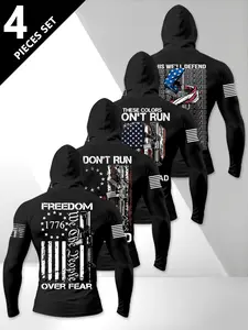 American Patriotic Men's Hooded Long Sleeve 4-Piece Set, Usa Flag + Gun + 1776 Elements, High-Quality Soft Breathable Fabric, Menswear