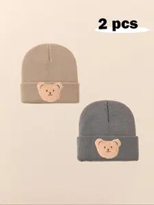 2pcs Baby Beanie Hat Set, Infant Newborn Toddler Winter Warm Knit Cap, Casual Letter Pattern, Outdoor Accessories for Boys & Girls