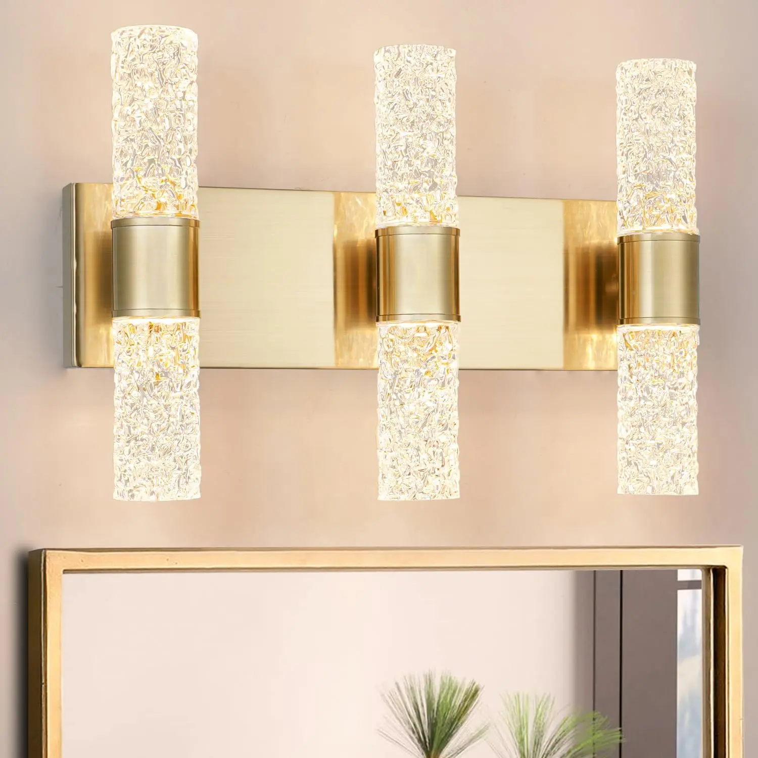 Gold Bathroom Light Fixture, Modern Brushed Vanity Light with Crystal, 6 Light Bathroom Vanity Light Fixtures Over Mirror, 27w LED Hardwired Wall Sconce, Warm White